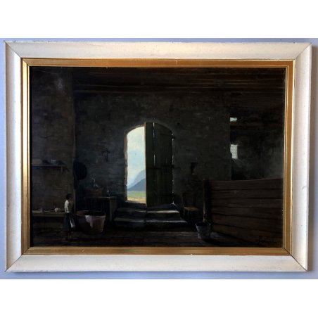 ANTICO DIPINTO OLIO Omero Solaro SCENA VITA RURALE INTERNO STALLA CONTADINA 1930