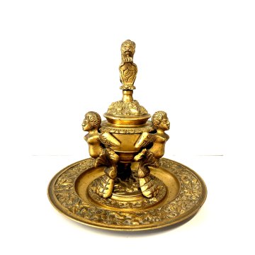 ANTICO CALAMAIO VASO A CRATERE PIATTO COPERCHIO BRONZO DORATO STILE ECLETTICO
