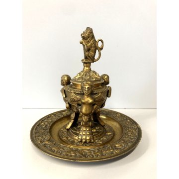 ANTICO CALAMAIO VASO A CRATERE PIATTO COPERCHIO BRONZO DORATO STILE ECLETTICO
