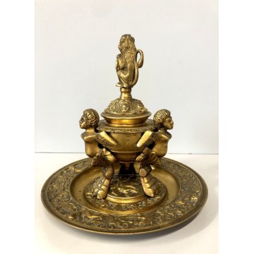 ANTICO CALAMAIO VASO A CRATERE PIATTO COPERCHIO BRONZO DORATO STILE ECLETTICO