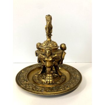 ANTICO CALAMAIO VASO A CRATERE PIATTO COPERCHIO BRONZO DORATO STILE ECLETTICO