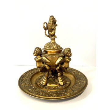 ANTICO CALAMAIO VASO A CRATERE PIATTO COPERCHIO BRONZO DORATO STILE ECLETTICO