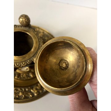 ANTICO CALAMAIO VASO A CRATERE PIATTO COPERCHIO BRONZO DORATO STILE ECLETTICO