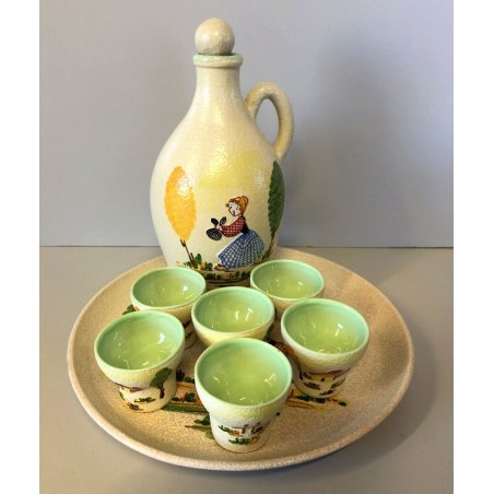 Set. LIQUORE VASSOIO BOTTIGLIA 6 BICCHIERI Lina Poggi APA ALBISOLA CERAMICA 50s