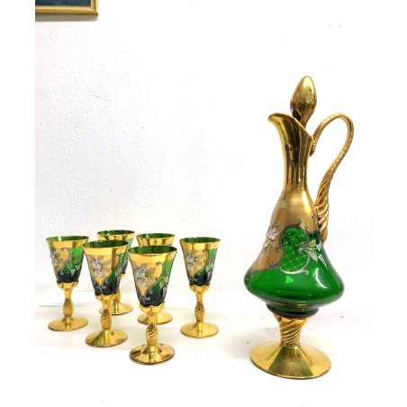 ANTICO SET DECANTER 6 BICCHIERI STELO RITORTO vetro BOEMIA VERDE ORO ZECCHINO