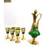 ANTICO SET DECANTER 6 BICCHIERI STELO RITORTO vetro BOEMIA VERDE ORO ZECCHINO