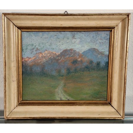 ANTICO DIPINTO OLIO Carlo Balestrini '800 PAESAGGIO MONTANO Monterosa SENTIERO