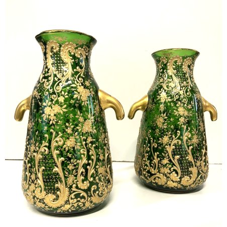 ANTICA COPPIA VASI STILE MOSER vetro BOEMIA VERDE SMERALDO ORO ZECCHINO '900