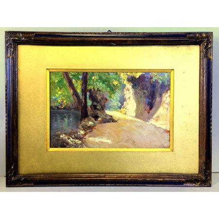 QUADRO OLIO TAVOLA C. Pagano PAESAGGIO SCORCIO STRADA BOSCO IMPRESSIONISTA '900