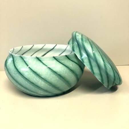 BOWL CON COPERCHIO POTICHE VETRO Murano SOMMERSO CANNE SPIRALE VERDE SMERALDO 70