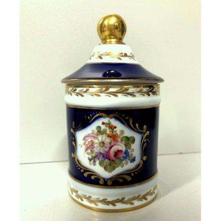 VASO con COPERCHIO PORCELLANA Sevres JAR WITH LID BLU ORO DECORO BOUQUET FIORITO