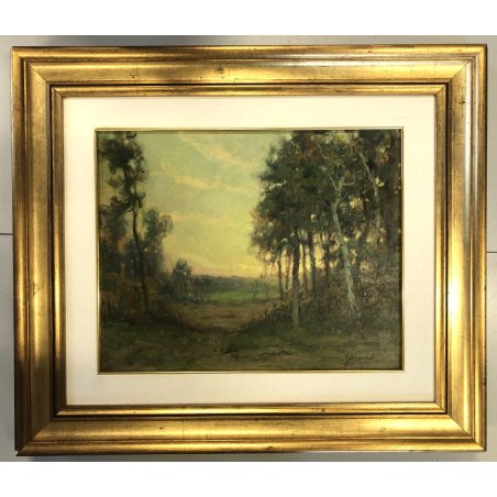 ANTICO DIPINTO OLIO Gigi Comolli PAESAGGIO BRUGHIERA MATTINO LAGO MAGGIORE '900