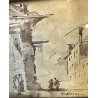 ANTICO QUADRO DISEGNO ACQUERELLATO Aldo Grossi PAESAGGIO FIGURE Venezia (?) '900