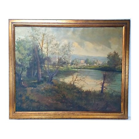 GRANDE QUADRO FIRMATO PAESAGGIO BOSCO FIUME BORGO CAMPANILE DIPINTO OLIO TELA