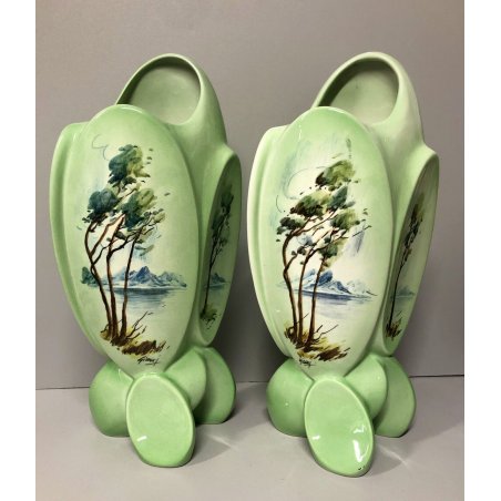 COPPIA VASO VINTAGE CERAMICA SMALTATA VERDE DECORO PAESAGGIO MONTAGNE LAGO 50s