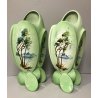 COPPIA VASO VINTAGE CERAMICA SMALTATA VERDE DECORO PAESAGGIO MONTAGNE LAGO 50s