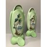COPPIA VASO VINTAGE CERAMICA SMALTATA VERDE DECORO PAESAGGIO MONTAGNE LAGO 50s