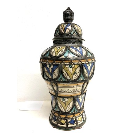 GRANDE VASO COPERCHIO URNA JAR LID CERAMICA POLICROMA DECORO FILIGRANA MAROCCO