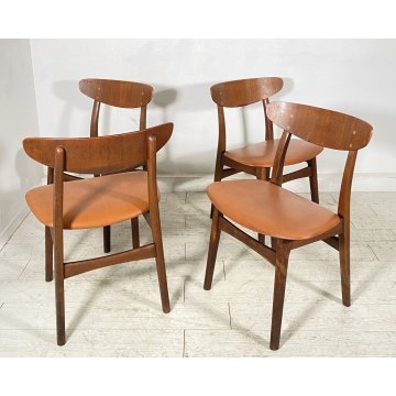 LOTTO 4 SEDIE DESIGN ANNI 60 STILE HANS J. WAGNER LEGNO E SKY VINTAGE CHAIR