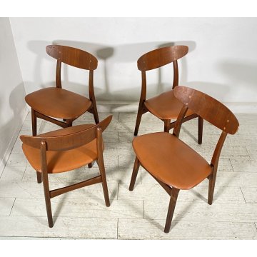 LOTTO 4 SEDIE DESIGN ANNI 60 STILE HANS J. WAGNER LEGNO E SKY VINTAGE CHAIR