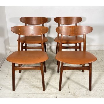 LOTTO 4 SEDIE DESIGN ANNI 60 STILE HANS J. WAGNER LEGNO E SKY VINTAGE CHAIR