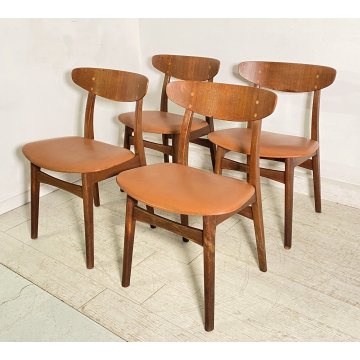 LOTTO 4 SEDIE DESIGN ANNI 60 STILE HANS J. WAGNER LEGNO E SKY VINTAGE CHAIR