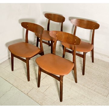 LOTTO 4 SEDIE DESIGN ANNI 60 STILE HANS J. WAGNER LEGNO E SKY VINTAGE CHAIR