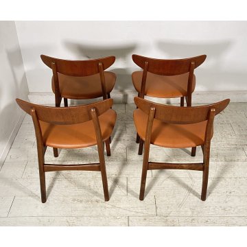 LOTTO 4 SEDIE DESIGN ANNI 60 STILE HANS J. WAGNER LEGNO E SKY VINTAGE CHAIR