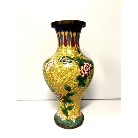 ANTICO VASO CINESE BRONZO CLOISONNE SMALTO POLICROMO DECORO FLOREALE su GIALLO
