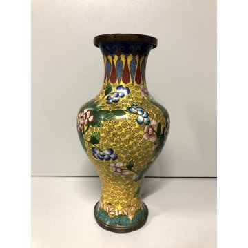 ANTICO VASO CINESE BRONZO CLOISONNE SMALTO POLICROMO DECORO FLOREALE su GIALLO