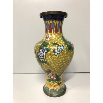 ANTICO VASO CINESE BRONZO CLOISONNE SMALTO POLICROMO DECORO FLOREALE su GIALLO