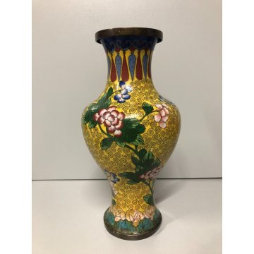 ANTICO VASO CINESE BRONZO CLOISONNE SMALTO POLICROMO DECORO FLOREALE su GIALLO