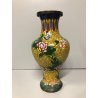 ANTICO VASO CINESE BRONZO CLOISONNE SMALTO POLICROMO DECORO FLOREALE su GIALLO