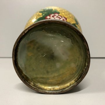 ANTICO VASO CINESE BRONZO CLOISONNE SMALTO POLICROMO DECORO FLOREALE su GIALLO