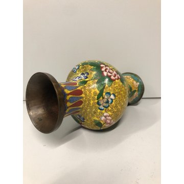 ANTICO VASO CINESE BRONZO CLOISONNE SMALTO POLICROMO DECORO FLOREALE su GIALLO