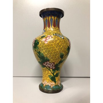 ANTICO VASO CINESE BRONZO CLOISONNE SMALTO POLICROMO DECORO FLOREALE su GIALLO