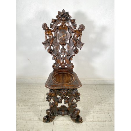 ANTICO TRONO SGABELLO PUTTO SCOLPITO A MANO CHAIR SCRANNO LIBERTY '800 SEDIA