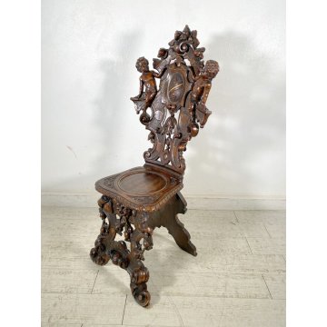 ANTICO TRONO SGABELLO PUTTO SCOLPITO A MANO CHAIR SCRANNO LIBERTY '800 SEDIA