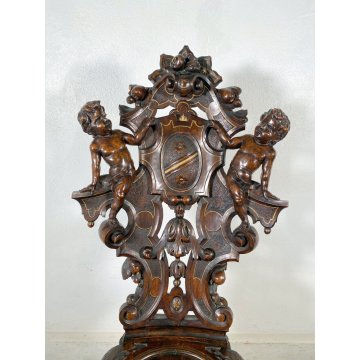 ANTICO TRONO SGABELLO PUTTO SCOLPITO A MANO CHAIR SCRANNO LIBERTY '800 SEDIA