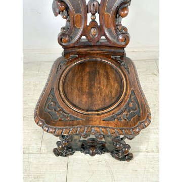 ANTICO TRONO SGABELLO PUTTO SCOLPITO A MANO CHAIR SCRANNO LIBERTY '800 SEDIA