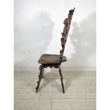 ANTICO TRONO SGABELLO PUTTO SCOLPITO A MANO CHAIR SCRANNO LIBERTY '800 SEDIA