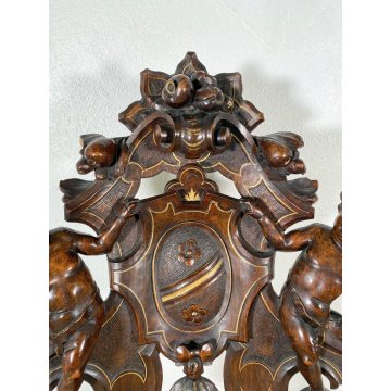 ANTICO TRONO SGABELLO PUTTO SCOLPITO A MANO CHAIR SCRANNO LIBERTY '800 SEDIA