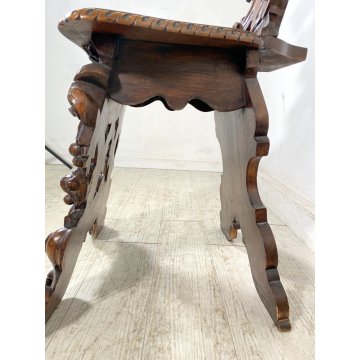 ANTICO TRONO SGABELLO PUTTO SCOLPITO A MANO CHAIR SCRANNO LIBERTY '800 SEDIA