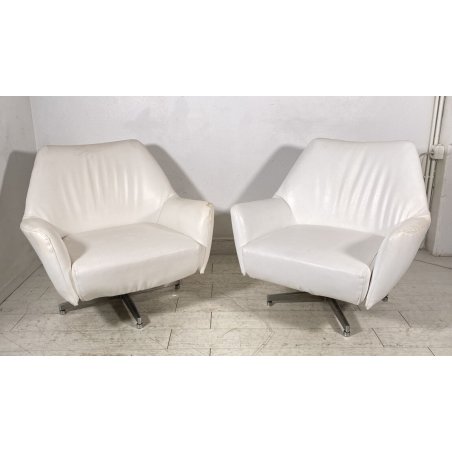 COPPIA POLTRONA DESIGN FRATELLI SAPORITI PELLE BIANCA ANNI 60 ARMCHAIR METALLO