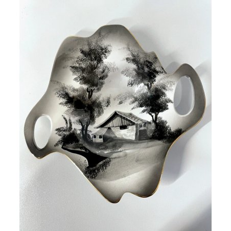 PIATTO DECORATIVO CERAMICA VINTAGE PAESAGGIO MONTANO BAITA SMALTO GRIGIO ORO '50