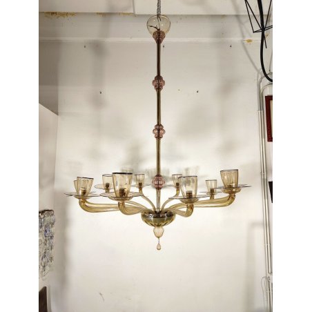 ANTICO LAMPADARIO VETRO MURANO ATTR. Zecchin 10 BRACCI TRASPARENTE CHAMPAGNE '20