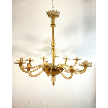 LAMPADARIO VETRO MURANO ATTR. Vittorio Zecchin 12 BRACCI TRASPARENTE CHAMPAGNE