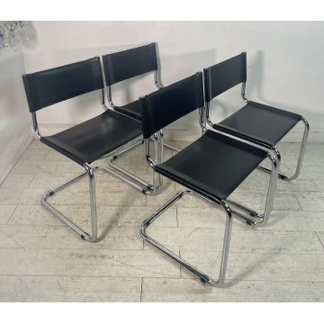 SET 4 SEDIA DESIGN MODERNE MART STAM ANNI '90 PELLE NERA METALLO CROMATO CHAIR