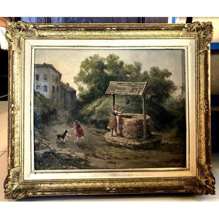 ANTICO DIPINTO OLIO TAVOLA FIRMA Violmar SCENA VITA RURALE FANCIULLA POZZO '900