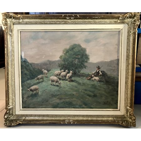ANTICO DIPINTO OLIO TAVOLA FIRMA Violmar SCENA VITA RURALE PASTORE GREGGE '900